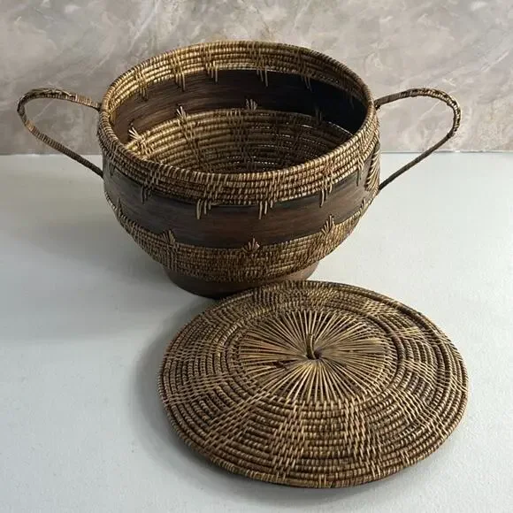 Hand-woven Basket With Lid 7 Tall Rattan and Wood Double Handles